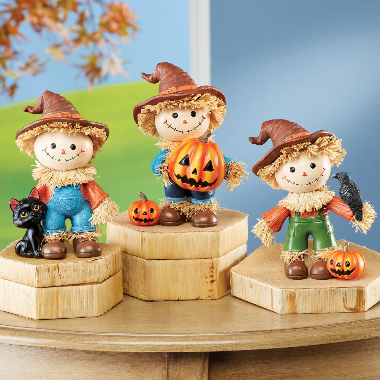 Collections Etc Hand-Painted Halloween Scarecrow Sitters - Set of 3